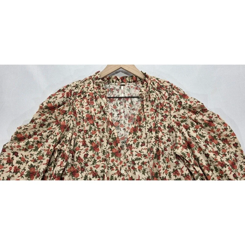 Free People Meant to Be Floral Blouse Ruffle Long Sleeve Cotton XS Romantic Boho